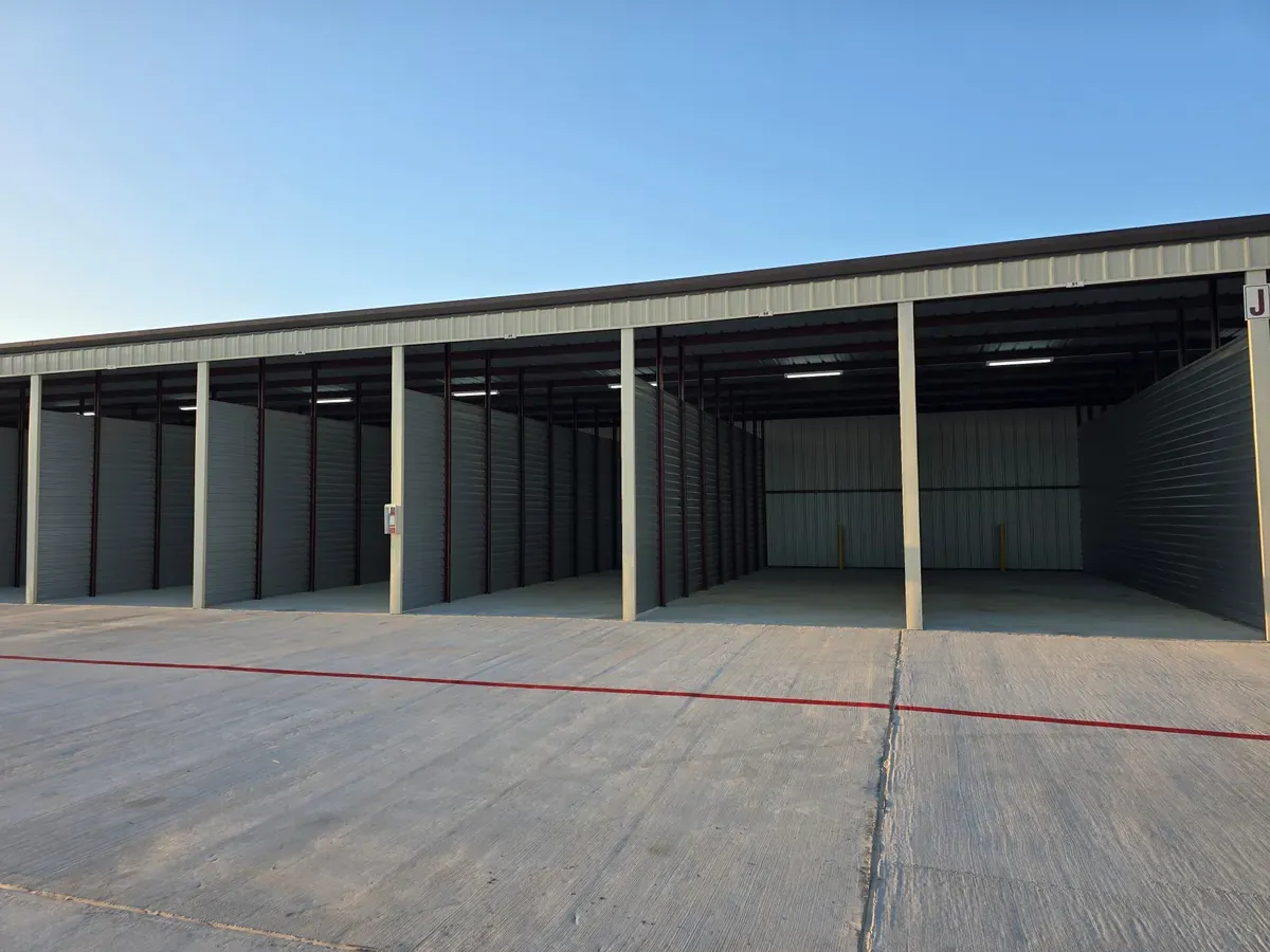 Storage facility exterior with open rollup doors